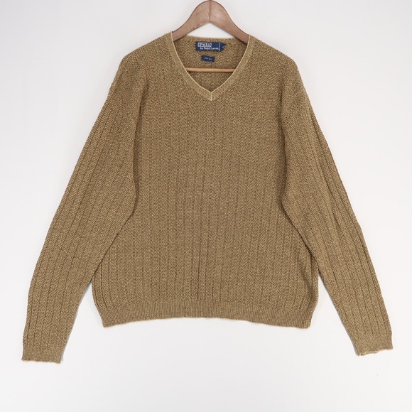 Polo Ralph Lauren Sweater Mens XL Tan Ribbed 100% Silk V Neck Knit Pullover